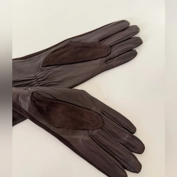 NWT Long Leather & Suede Opera Gloves Brown Premium 6.5 - Picture 3 of 9